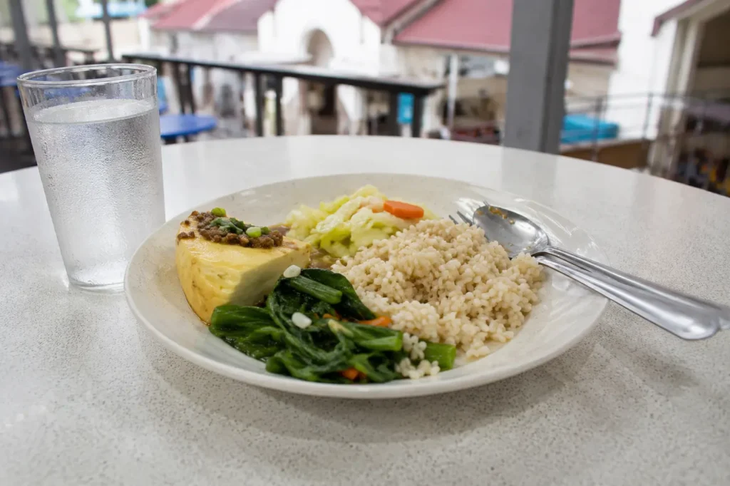 Economy rice with brown rice vegetables tofu and steamed egg
